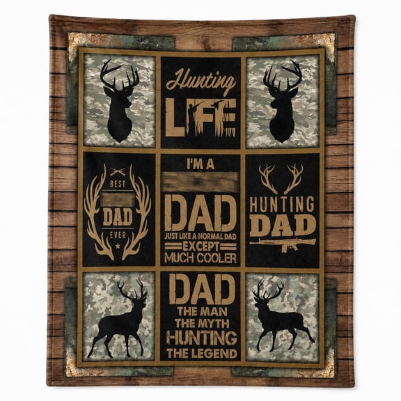 Deer Camo Hunting Dad Fleece Throw Blanket, Soft Polyester, Rustic Gift