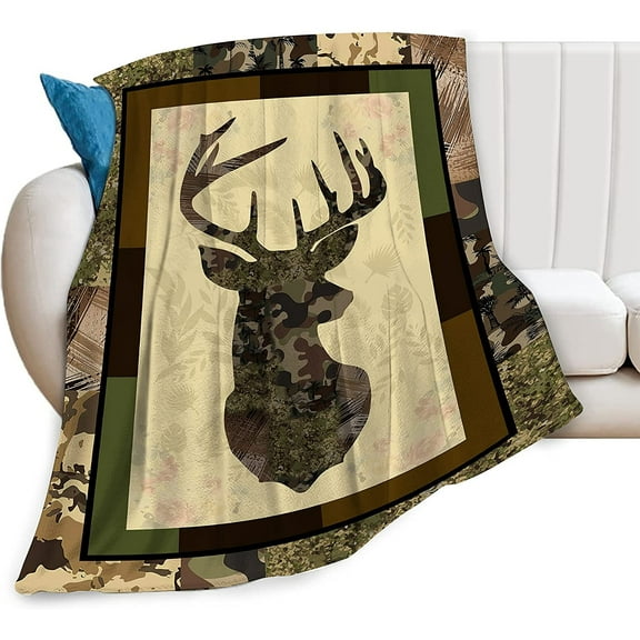 Deer Camouflage Throw Blanket Cozy Plush Camo Hunting Flannel Fleece Ultra Soft Blankets Unisex Lightweight Fuzzy Party Blanket Gifts for Adult Men Bed Couch Sofa Kids 50"x40"