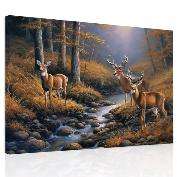 Deer in Canvas Print Wall Art, Sunset Forest with Stream and Trees Wall Decor Modern Artwork Paintings Pictures for Living Room Framed and Stretched Ready to Hang, 24" x 32"
