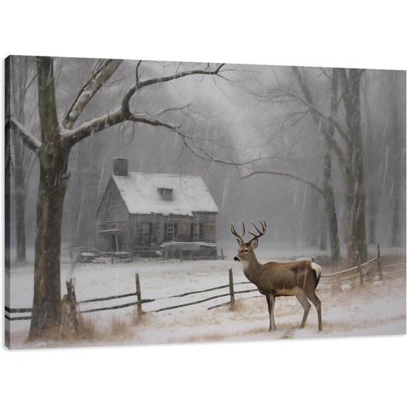 Deer Canvas Wall Art, Deer Trees Snow Farmhouse Fence Painting Picture Rustic Farmhouse Winter Snow Landscape Poster Print for Bedroom Living Room Decor