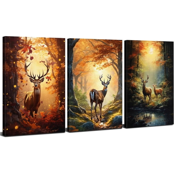 Deer Canvas Wall Art Fall Pictures Wall Decor Wildlife Animal Canvas Prints Pictures Autumn Forest Landscape Posters Woodland Elk Painting Artwork for Living Room Kitchen Home Decoration 12x16" 3Pcs