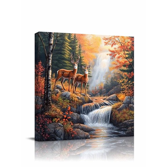 Deer Canvas Wall Art, Vintage Wildlife Rustic Framed Wall Decor Modern Artwork Prints Painting for Living Room, Bedroom, Kitchen & Cafe Decor 20x20 Inch