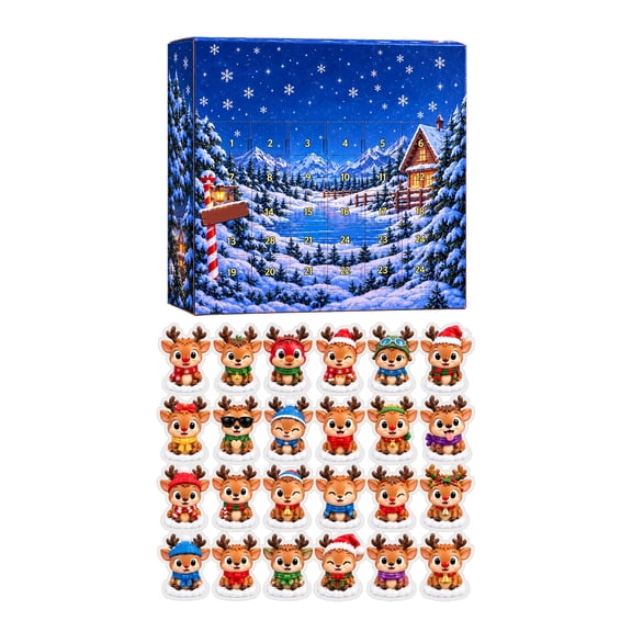 Deer Christmas Advent Calendar, 24 Days Cute Reindeer Flat Acrylic Standees Blind Box for Tabletop & Fireplace Holiday Home Decor Gift for Adults