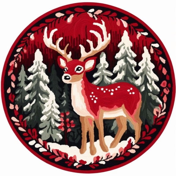 Deer Christmas Deer Round Latch Hook Kits Rug Crochet Hook Cushion Making Kits with Preprinted Pattern Canvas Instruction Yarns Easy Starter Christmas Decoration Hooking DIY Kits 60x60cm(d182)