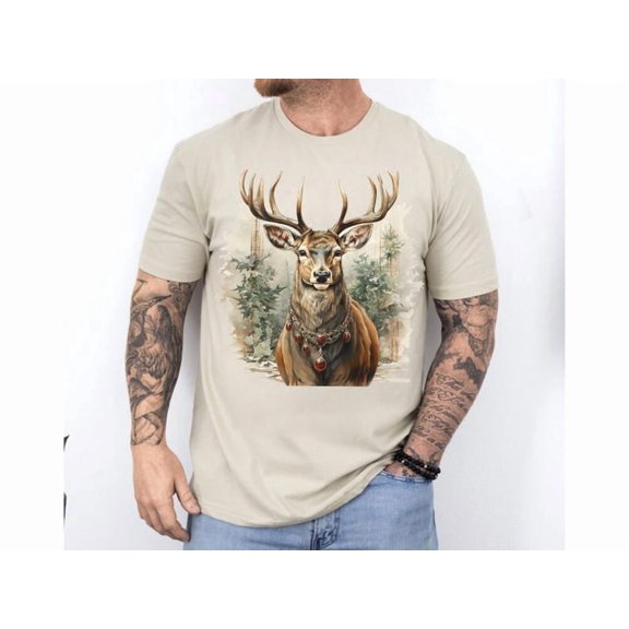 Deer Christmas Shirt, Rustic Buck Graphic T-Shirt, Wildlife Hunting Gift for Men, Gildan 5000 Cotton Tee