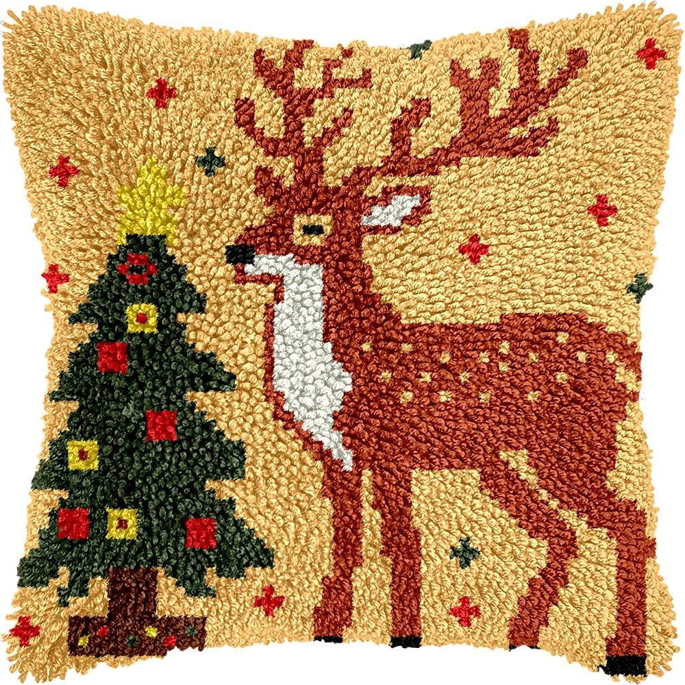 Deer & Christmas Tree Latch Hook Pillow Cover Kits for DIY Handmade Throw Pillow Cross Stitch Latch Hooking Pillowcase Kits with Preprinted Color Pattern Canvas Crochet Yarn Kits 17''X 17''(8-53)