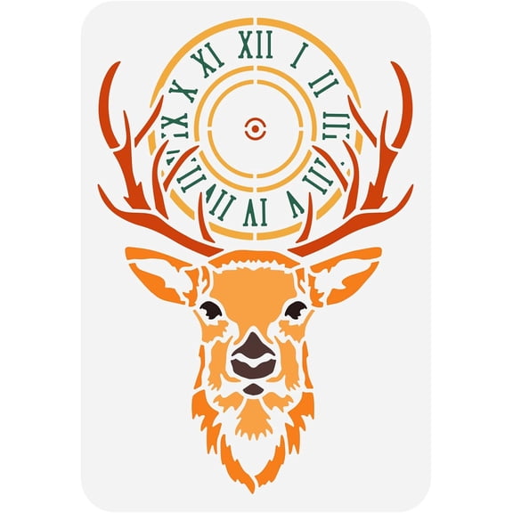 Deer and Clock Stencil 11.7x8.3 inch Hollow Out Antler Drawing Stencil Reusable Plastic Round Roman Clock Stencil Elk Head Template for Photo Album Fabric Tiles Floor Furniture for DIY