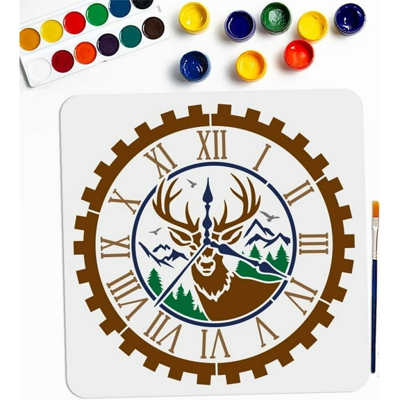 Deer Clock Stencil 11.811.8inch Large Wildlife Forest Animal Template with Paint Brush Round Nature Mountain Bird Deer Painting Stencil for Wood Canvas Floor Wall Furniture 1bag