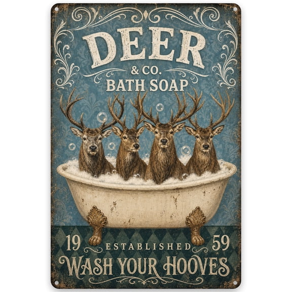 Deer & Co. Bath Soap Metal Sign, 8x12 Inch Vintage Wall Decor, Rustic Farmhouse Bathroom Art, Fun Animal Theme with Deer in Bathtub, Easy Hanging with Pre-Drilled Holes