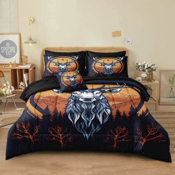Deer Comforter Set 8 Pieces Bed in a Bag Vintage Rustic Elk Moose Antlers Comforter Set Soft Microfiber Lightweight Blue Forest Animal Bedding Sets for All Seasons