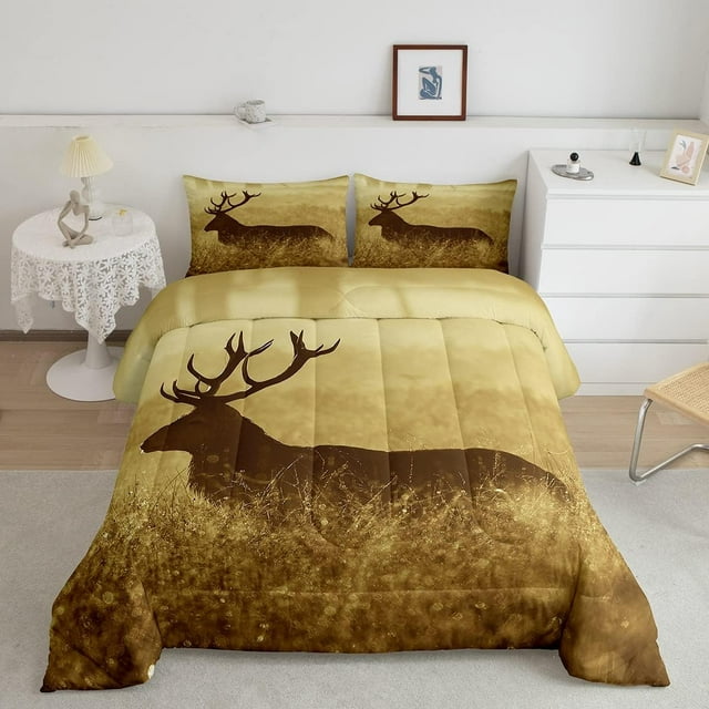 Deer Comforter Set Queen Size, Deer Antler Bedding Sets, Rural Hunting Theme Down Comforter