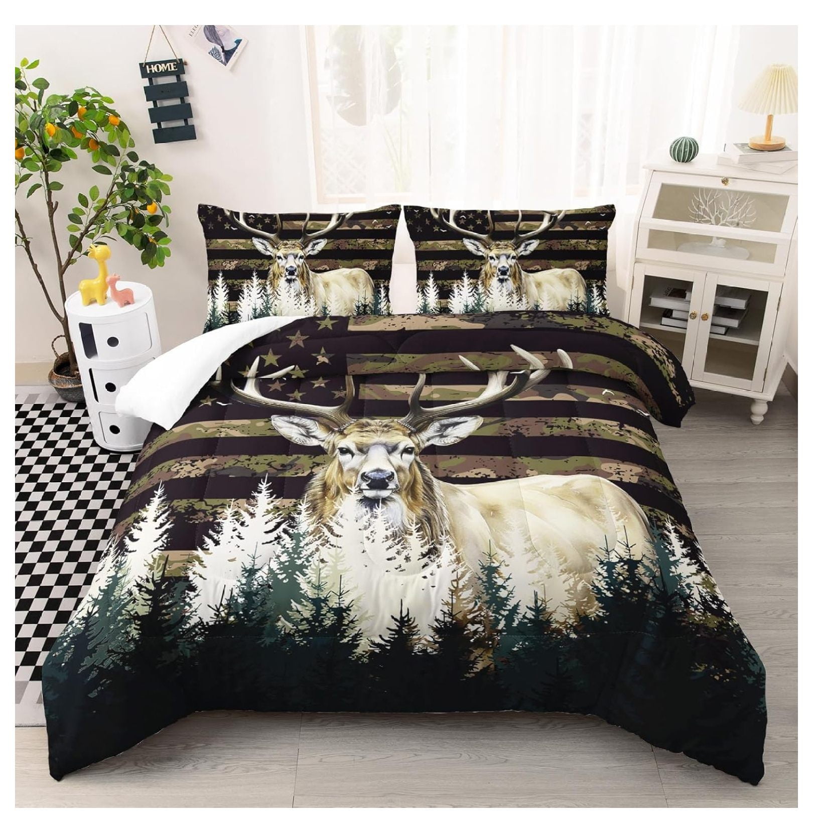 Deer Comforter Sets for Boys Kids Teens American Flag Camo Bedding Sets, Full Size Western