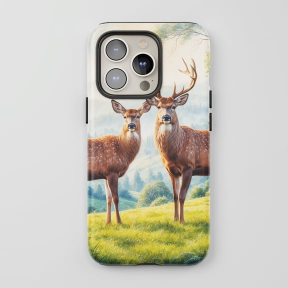Deer Couple For All iPhone Series Tough Phone Case Wildlife Art Multi-Color