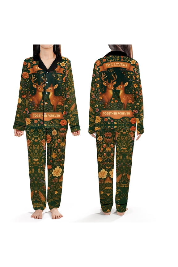 Deer Couple Satin Pajama Set, Cozy Nature Lovers Sleepwear, Floral Forest Print Nightwear, Romantic Anniversary - Valentine - Chirstmas Gift for Couples