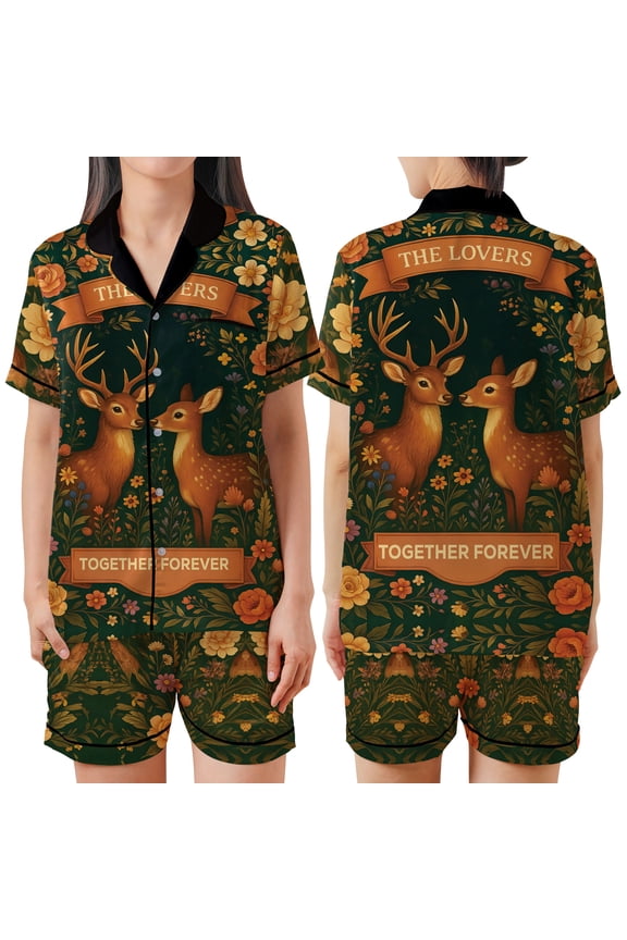 Deer Couple Satin Pajama Set, Cozy Nature Lovers Sleepwear, Floral Forest Print Nightwear, Romantic Anniversary - Valentine - Chirstmas Gift for Couples