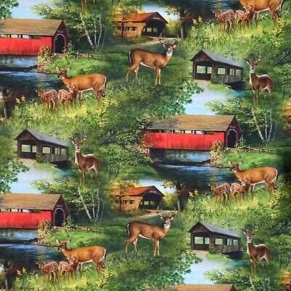 Deer Covered Bridge Scenic Cotton Fabric