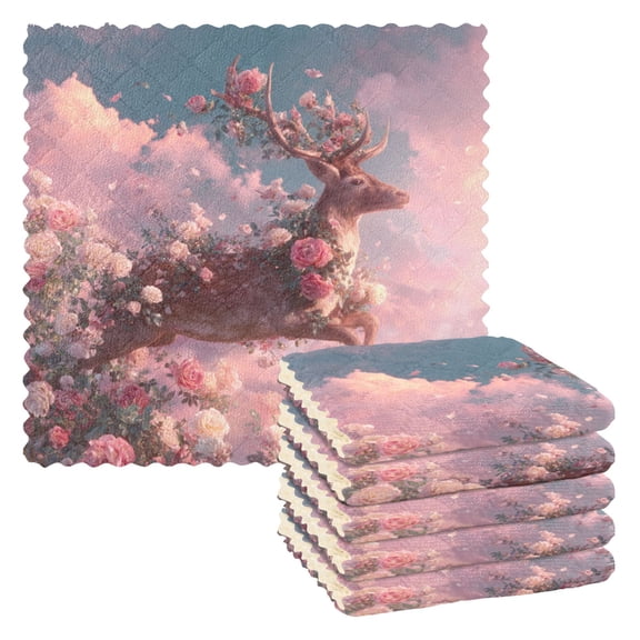 Deer Covered by Roses Flying in Sky Dish Cloths Dish Towels Cleaning Cloths Quick Drying Reusable 11" x 11" Set of 6