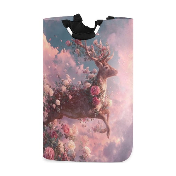 Deer Covered by Roses Flying in Sky Laundry Basket with Handles Foldable Laundry Hamper Freestanding Washing Bin 50L