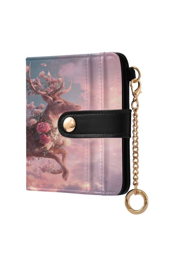 Deer Covered by Roses Flying in Sky Women's Wallet PU Leather Card Cases RFID Blocking Purse Billfold with Key Ring