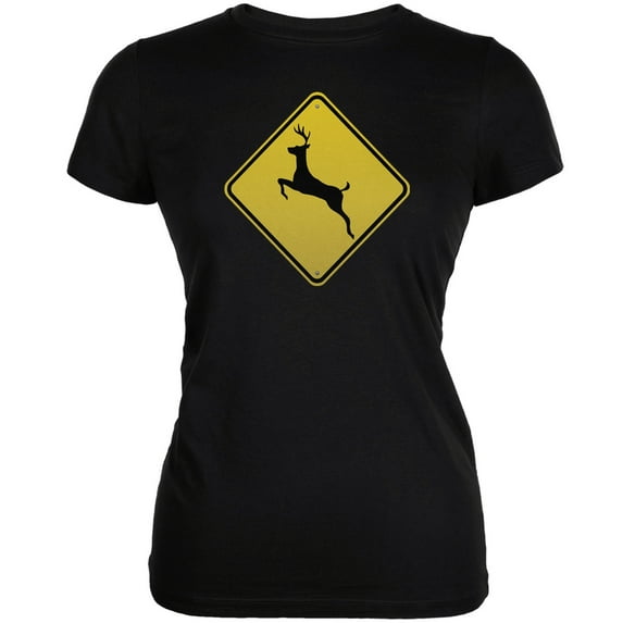 Deer Crossing Sign Black Juniors Soft T-Shirt - X-Large