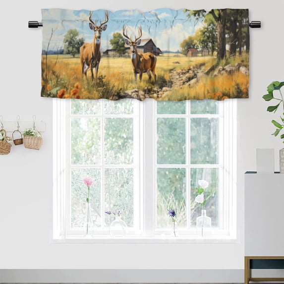Deer Curtain Valances for Kitchen Western Country Farm Wildlife Hunting Nature Forest Elk Window Valance for Living Room Bedroom, Kitchen Valance Rod Pocket Window Decor Curtain 54 by 18 in, 1 Panel