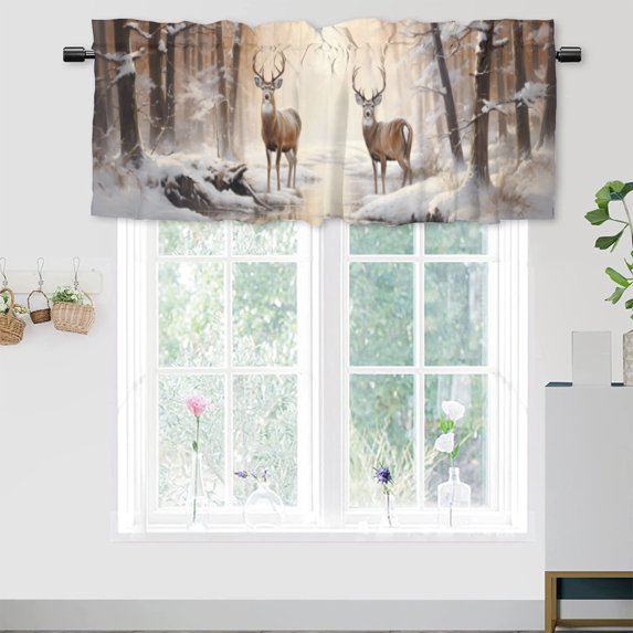 Deer Curtain Valances Winter Cabin Wild Animal Elk Snowy Tree Forest Privacy Window Valances for Living Room Kitchen 54 by 18 in, 1 Panel