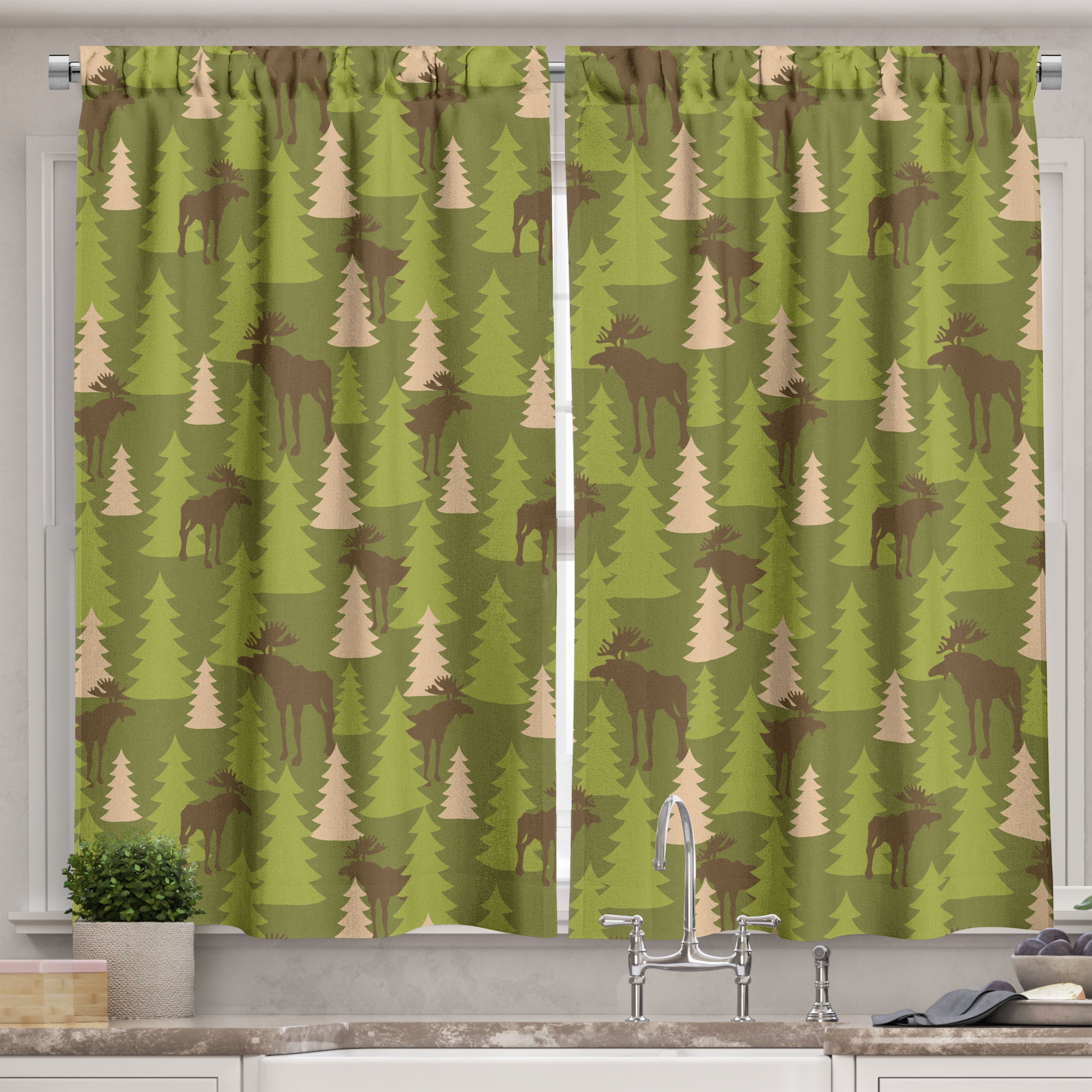 Deer Curtains 2 Panels Set, Animals in the Forrest Mooses and Pine