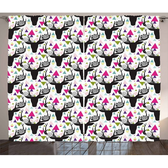 Ambesonne Deer Curtains 2 Panel Set, Animal Head with Antlers, 108" x 96", Multicolor