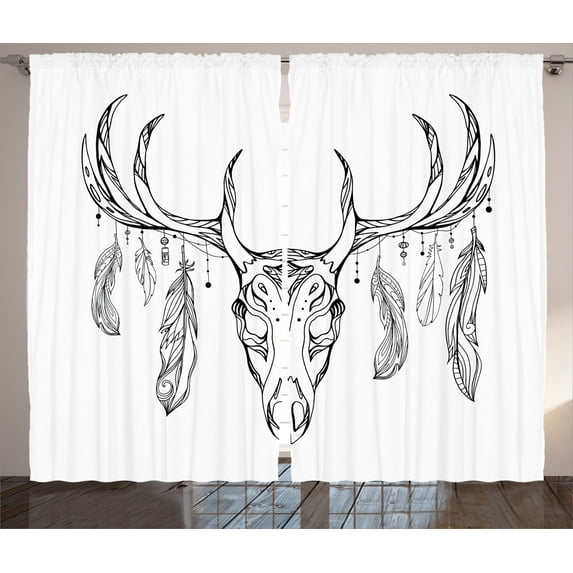 Ambesonne Deer Curtains 2 Panel Set, Skull with Antler Feather, 108" x 84", Charcoal Grey White