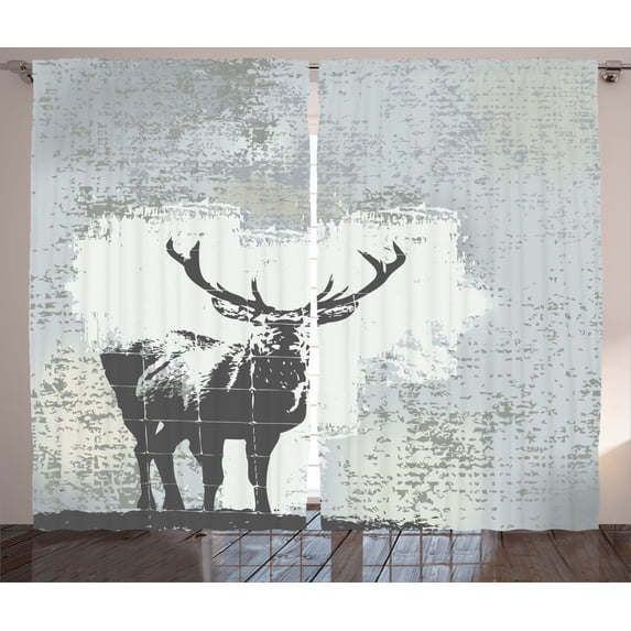 Ambesonne Antlers Curtains 2 Panel Set, Stag Silhouette Grunge, 108" x 84", Grey Black