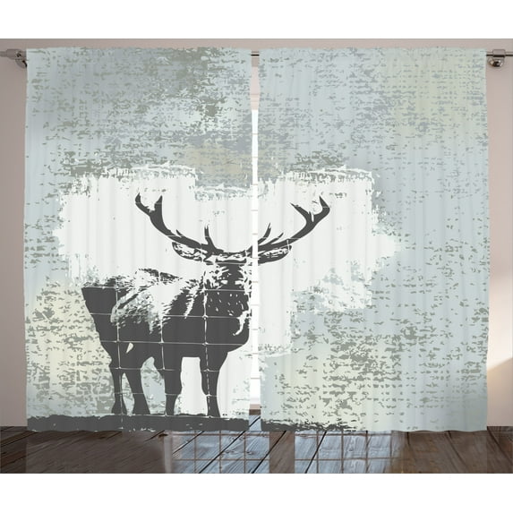 Ambesonne Antlers Curtains 2 Panel Set, Stag Silhouette Grunge, 108" x 90", Grey Black