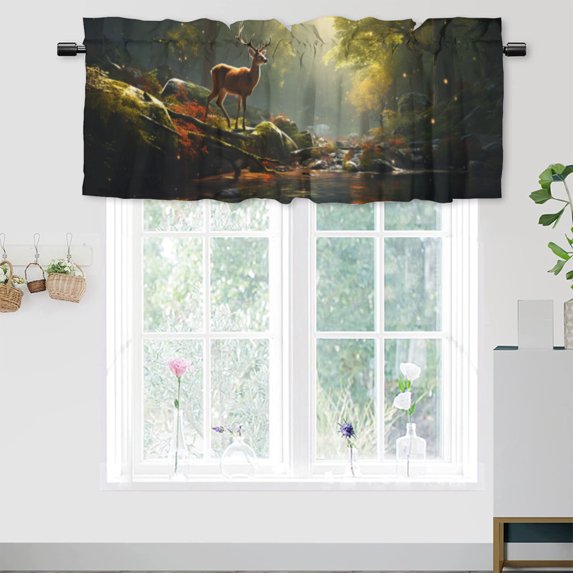 Deer Curtains Valances for Home Decor Green Misty Forest Flowers Rustic Wildlife Moose Elk Window Valance for Bedroom Bathroom Living Room Dining Room Valances Set 54 by 18 in, 1 Panel