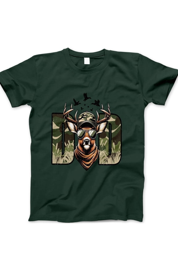 Deer Dad T-Shirt – Camo Hunting Graphic Tee with Cool Antler Buck in Sunglasses, Funny Father’s Day Gift for Outdoorsy Dad, Hunter Shirt