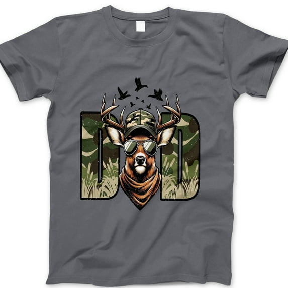 Deer Dad T-Shirt – Camo Hunting Graphic Tee with Cool Antler Buck in Sunglasses, Funny Father’s Day Gift for Outdoorsy Dad, Hunter Shirt