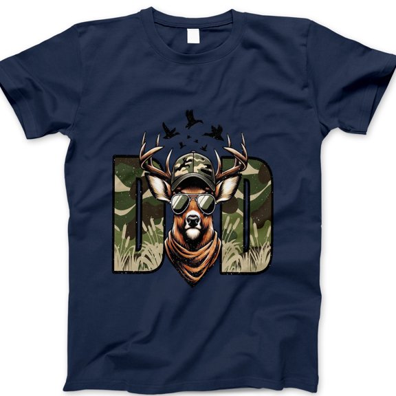 Deer Dad T-Shirt – Camo Hunting Graphic Tee with Cool Antler Buck in Sunglasses, Funny Father’s Day Gift for Outdoorsy Dad, Hunter Shirt