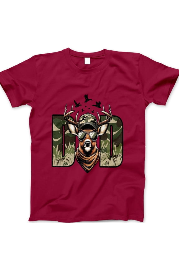 Deer Dad T-Shirt – Camo Hunting Graphic Tee with Cool Antler Buck in Sunglasses, Funny Father’s Day Gift for Outdoorsy Dad, Hunter Shirt