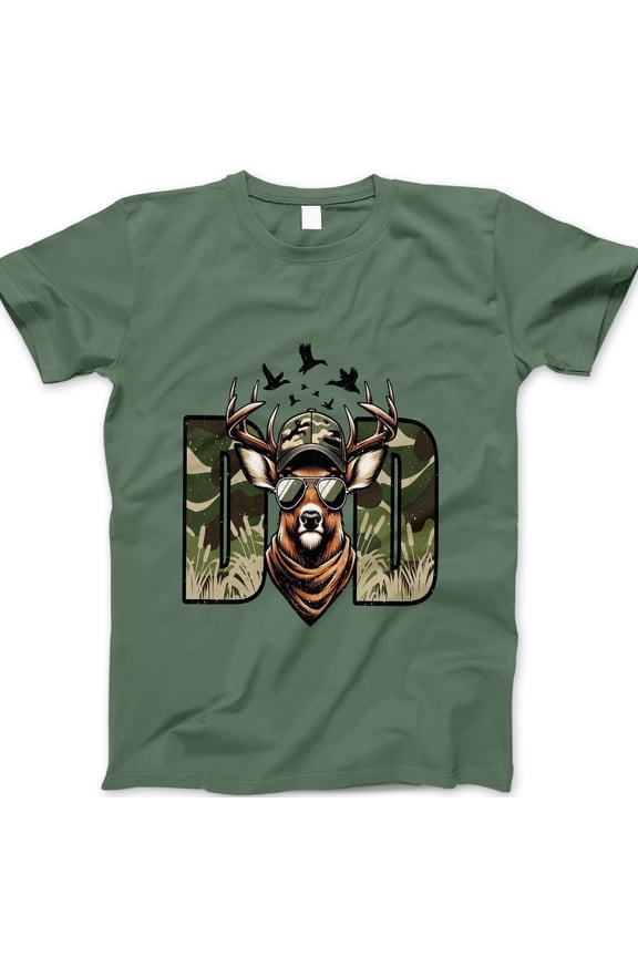 Deer Dad T-Shirt – Camo Hunting Graphic Tee with Cool Antler Buck in Sunglasses, Funny Father’s Day Gift for Outdoorsy Dad, Hunter Shirt