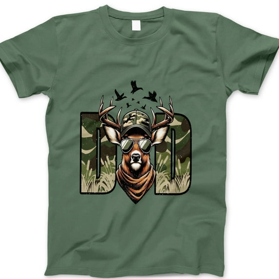 Deer Dad T-Shirt – Camo Hunting Graphic Tee with Cool Antler Buck in Sunglasses, Funny Father’s Day Gift for Outdoorsy Dad, Hunter Shirt