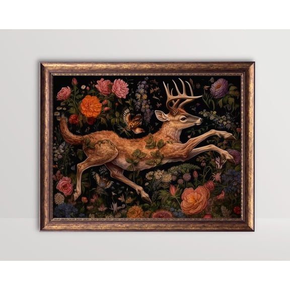 Deer, Dark Floral Gothic Cottagecore Art, Botanical Moody, Goth Wall Art Decor, Fairycore, Dark Academia Poster Aesthetic, Unframed Poster Size 8x12