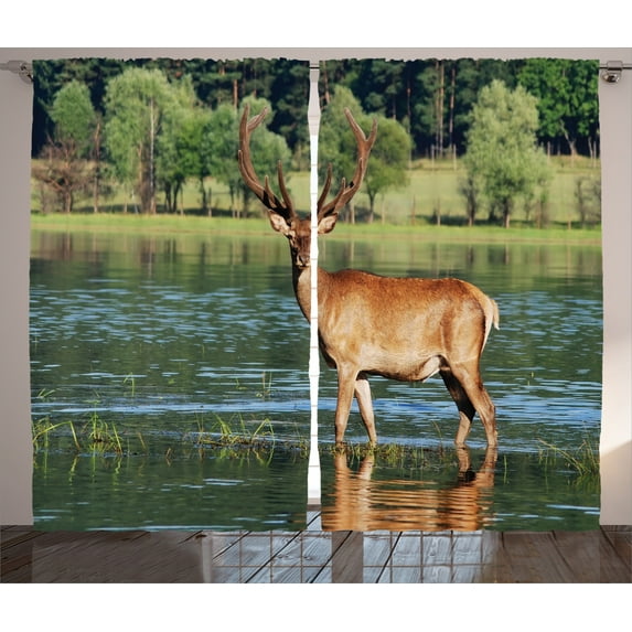 Ambesonne Deer Curtains 2 Panel Set, Mountain Animal in Water, 108" x 84", Green Brown