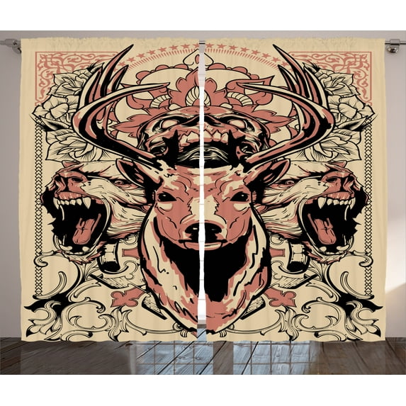 Ambesonne Antler Curtains 2 Panel Set, Floral Skull and Wolves, 108" x 90", Black Beige Pink