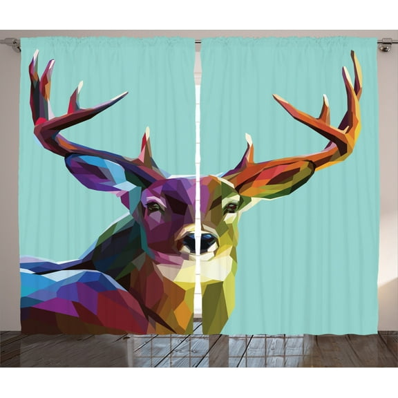 Ambesonne Colorful Curtains 2 Panel Set, Retro Low Poly Deer, 108" x 90", Multicolor