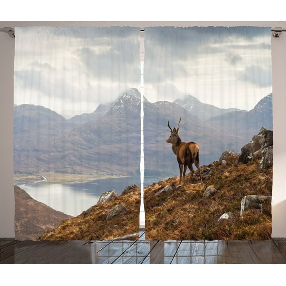 Ambesonne Deer Curtains 2 Panel Set, Western Ross Mountain View, 108" x 84", Brown White