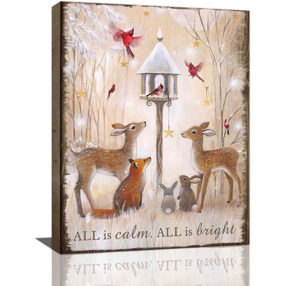 Deer Decor wall art Fox canvas Pictures Cardinal Wall Decor Christmas Gifts Canvas Prints Painting Framed Artwork for Kid‘s room living room Bedroom 12"x16"