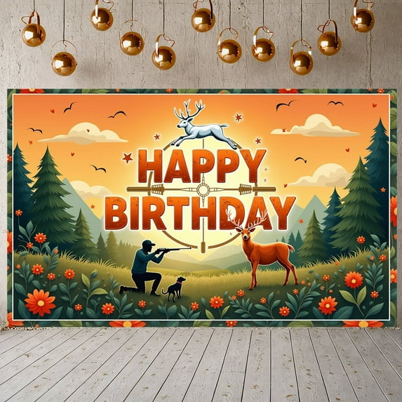 Deer Design Banner Hunting Theme Deer Backdrop Forest Scene Vintage Style Wildlife Background for Hunting Birthday Party Outdoor Celebration Wildlife Themed Event