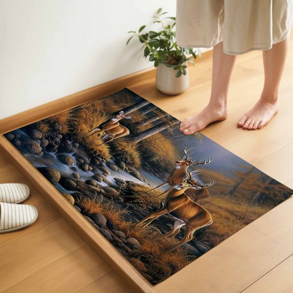 Deer in Door Mat 16x24 Inch Sunset Forest with Stream and Trees Entryway Rug with Non-Slip Rubber, Inside Floor Mats Front Door Rug for Living Room Bathroom Bedroom Home Office