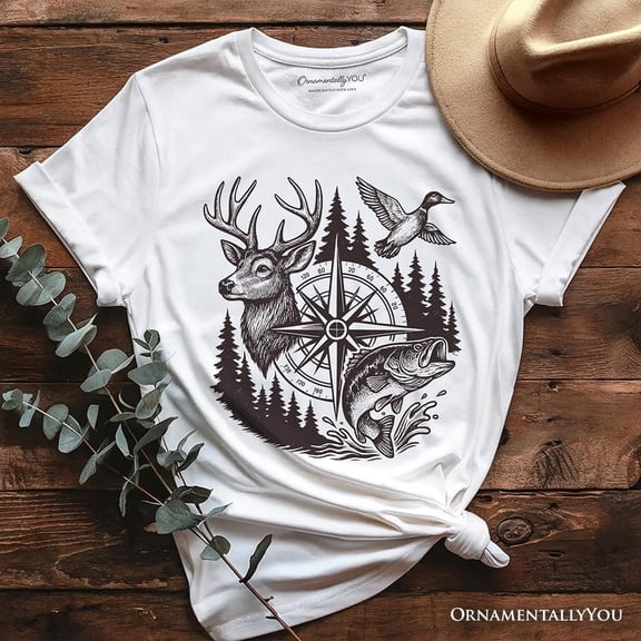Deer Duck Fishing Hunting T-Shirt, Camo Vintage Compass Outdoors Tee