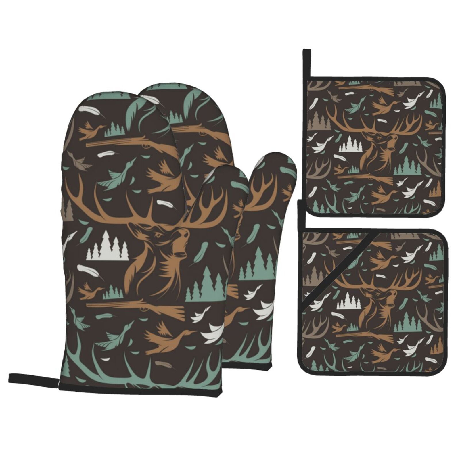 Deer Duck Hunting Vintage 4Pcs Oven Mitts and Pot Holders Sets Oven Kitchen Gloves Hot Pads for Cooking BBQ Baking Grilling