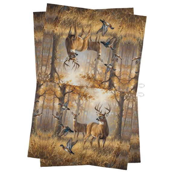 Deer Ducks Kitchen Towels Dish Towel Pack of 2 Rustic Autumn Nature Wildlife Forest Brown Meadow Tree Soft Dish Cloth Set Absorbent Dishcloth for Drying Dishes, Hand Towels 18 x 28 Inches