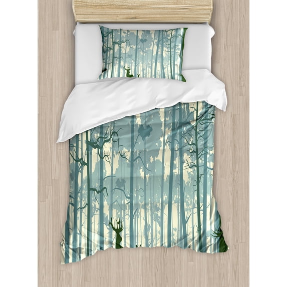 Deer Duvet Cover Set, Animal Silhouette in Foggy Forest Animals in Nature Themed Cartoon Dusk Art, Decorative 2 Piece Bedding Set with 1 Pillow Shams, Twin Size, Black White Grey, by Ambesonne